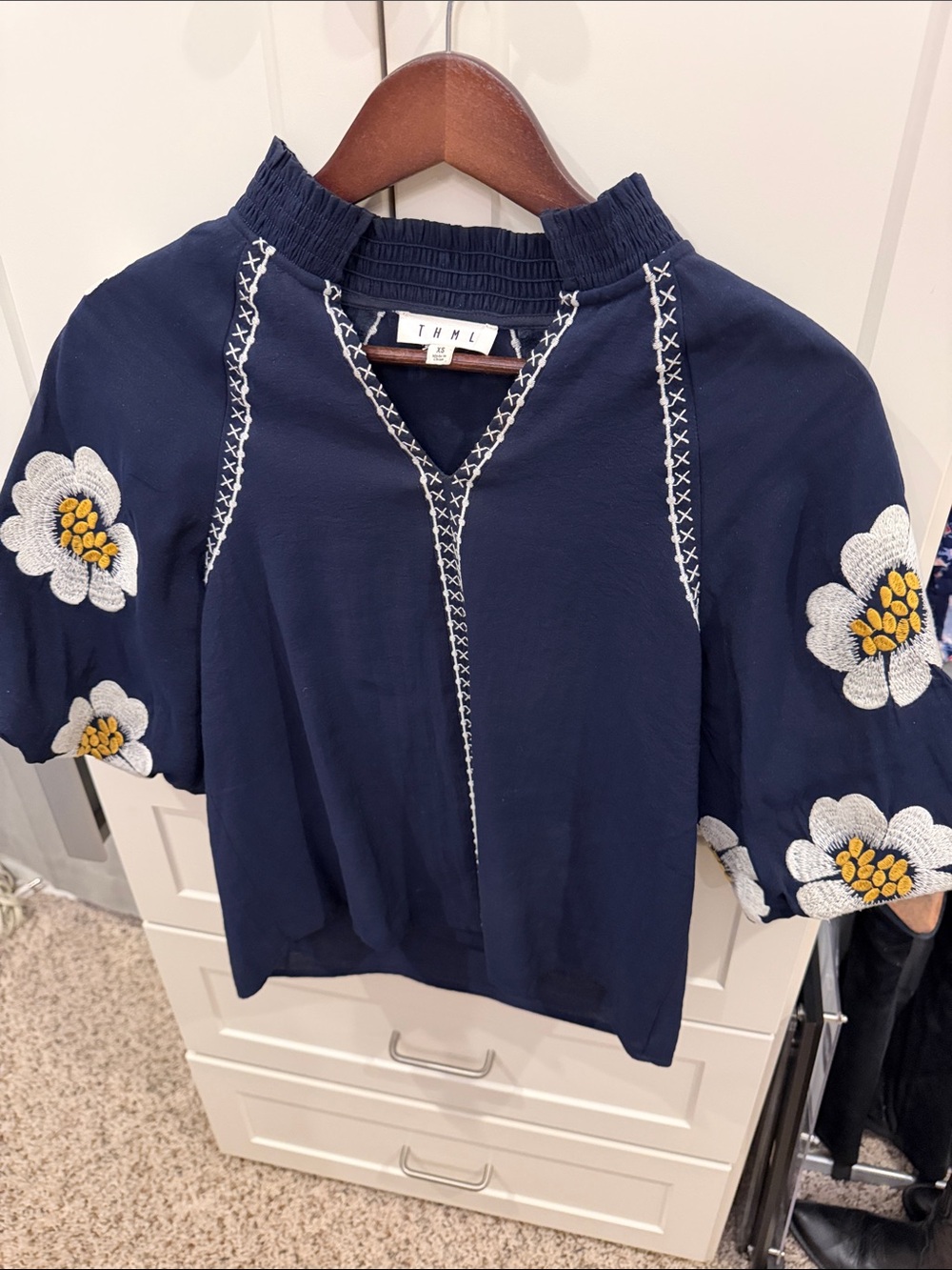 THML Navy Embroidered Puff Sleeve Blouse with White & Yellow Floral Detail